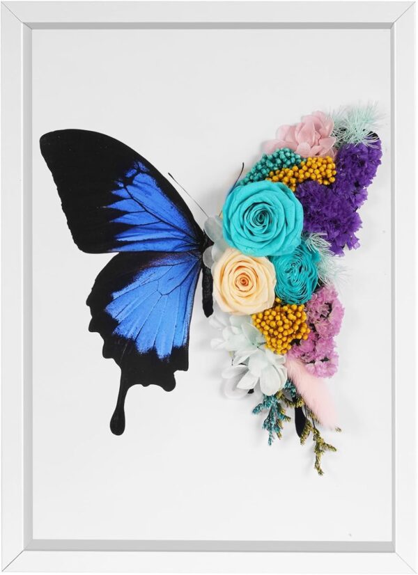 Preserved Real Roses Butterfly Wall Art Picture Frame - 3D Floral Home & Office Decor, Handmade Gift for Women, Mom, Wife, Friend - Hang on Wall or Tabletop Display - 9x12.4 Inches
