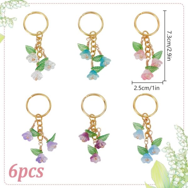 6 Colors Lily of the Valley Keychains Glass Flower Beads Keychains with Acrylic Leaf Charms Swivel Clasps Keyrings for Home Car Keys Backpack Bag Keychain Camera Pendants Hanging Decor - Image 2
