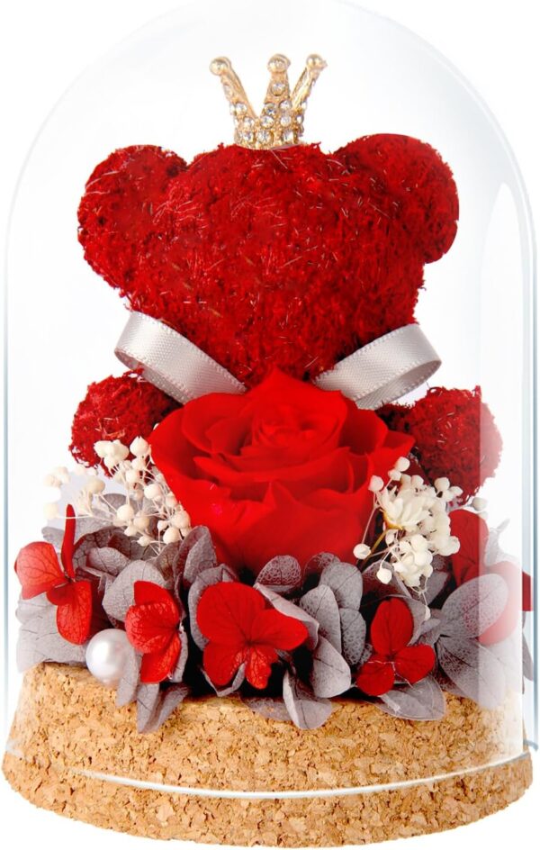 Preserved Rose Flowers Gifts for Her, Real Forever Rose in Glass Dome with Adorable Bear for Girlfriend,Mom,Wife,Grandma on Birthday Anniversary Valentine's Day (Red)