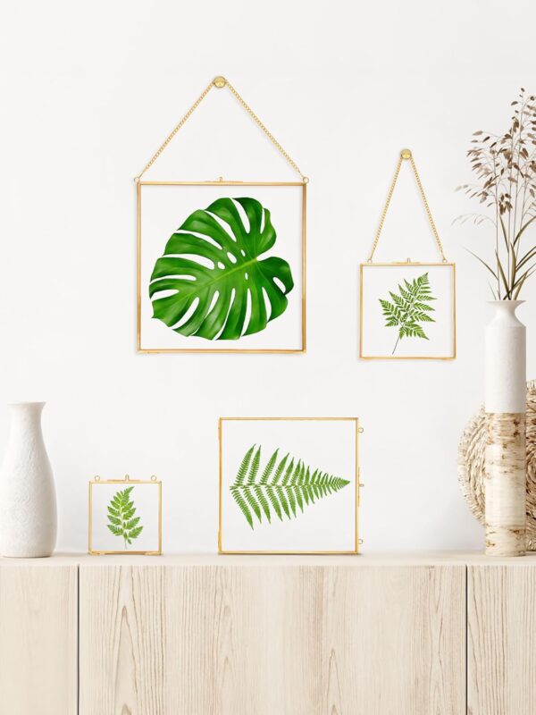 Glass Pressed Flower Frames,Vintage Hanging Picture Frames with Chain,Handmade Brass Floating Picture Frame,Plant Specimen Wall Ornament Display Artwork DIY Family Photo,Square,Gold,4x4 Inches - Image 2