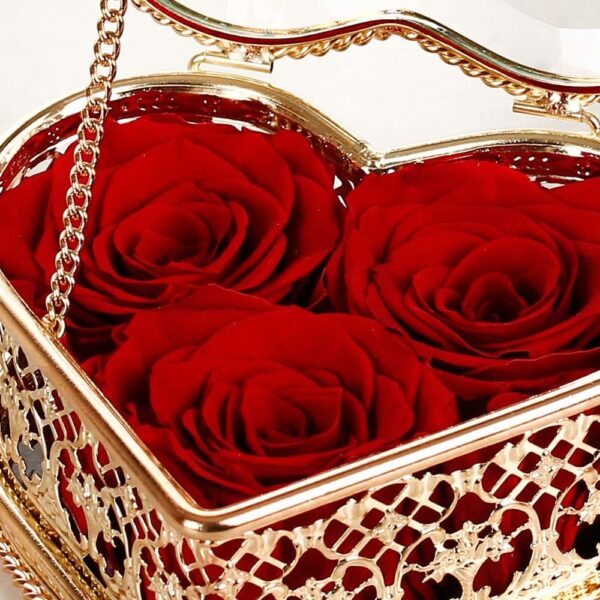 Real Preserved Forever Roses in Vintage Heart Shaped Rose Gold Glass Jewelry Box, Handmade Real Fresh Preserved Flower for her Birthday Valentine's Day Mother's Day (Red) - Image 2