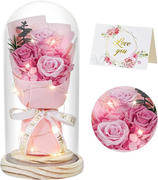 Flowers Gifts for Her Mom Women Preserved Forever Fresh Flowers Bouquet with Blue and White Roses in Glass Dome Suitable for All Occasions Valentines Mothers Day Anniversary Thanksgiving Birthday