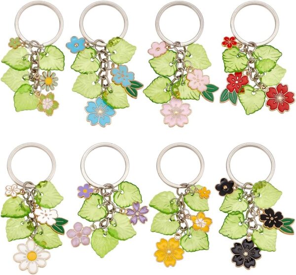 8pcs Flower Leaf Keychain, Enamel Flower Keyring Leaves Charm Pendants Key Chain with Split Keyring for Wallet Purse Handbag Phone Car Keys Birthday Christmas Party Favor Supplies