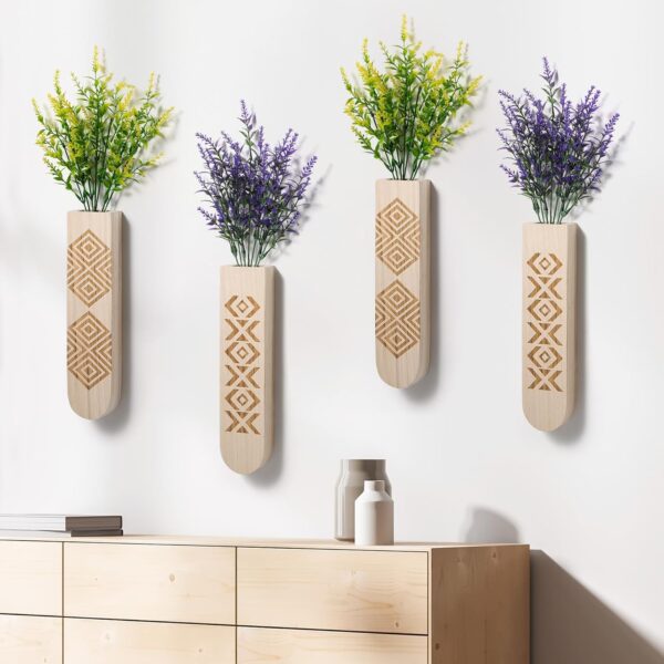 Wall Planter with Artificial Flowers, 4 Pack Hanging Planter, Wood Wall Decor for Living Room, Bathroom, Modern Farmhouse Decor, Boho Wood Vase with Faux Hanging Plant - Image 2