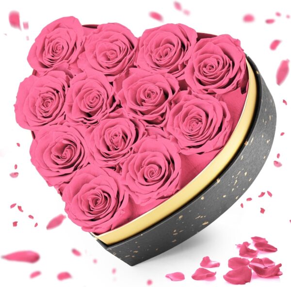 Forever Flowers, 12 Piece Real Forever Roses in a Heart Shape Box, Eternal Rose Preserved Flowers for Delivery , Gifts for Wife Women Mothers - Pink Roses