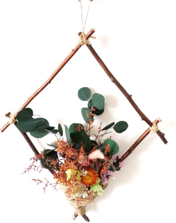 Dried Nature Flower Wood Bar Handicrafts, Square Wreath 12”, Wall Hanging Decoration, Preserved Hydrangeas Natural Grass Leaves, Baby Breath Flower, Home, Hotel, Cafe House Decor (Eucalyptus Leaves)