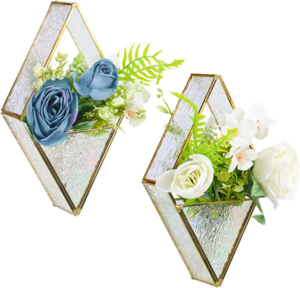 2 Set Wall Decor Planters with Artifical Rose Flower, Modern Wall Hanging Glass Vase with Remote Control, Gold Frame Decorative Wall Sconces with LED String Lights for Home Decor（Transparent glass）