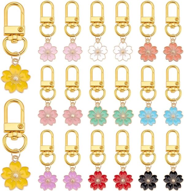 20pcs 10 Colors Flower Keychain, Cherry Blossom Enamel Pendant Keychain Cute Flower Tassel Keychain Car Keyring Charms Keychain for Handbag Cell Phone Decoration Wallet Pendant