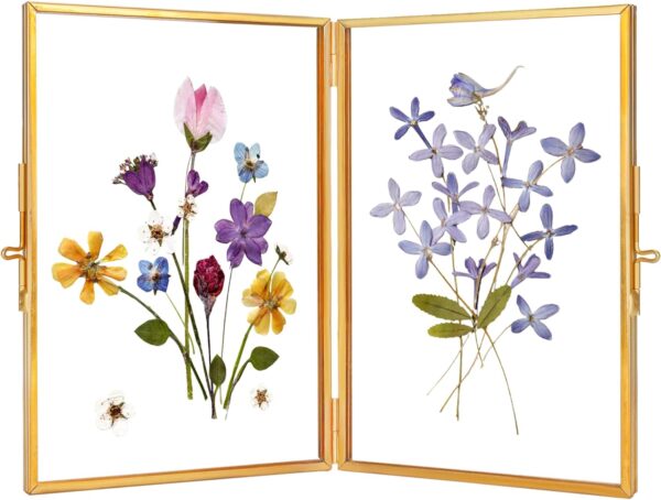 Glass Pressed Flower Frame Handmade, Hinged Double Press Flower Frame, Tabletop Brass Photo Frames, Rectangle Dried Flower Display Folding Frame for Home, Gold,4×6 Inches