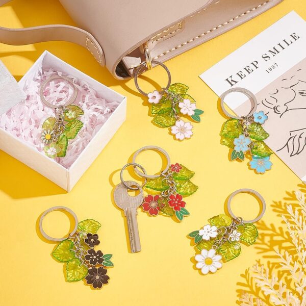 8pcs Flower Leaf Keychain, Enamel Flower Keyring Leaves Charm Pendants Key Chain with Split Keyring for Wallet Purse Handbag Phone Car Keys Birthday Christmas Party Favor Supplies - Image 2