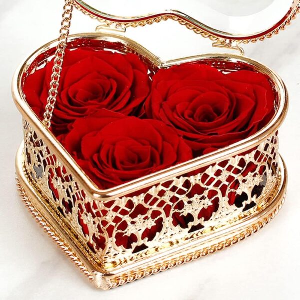 Real Preserved Forever Roses in Vintage Heart Shaped Rose Gold Glass Jewelry Box, Handmade Real Fresh Preserved Flower for her Birthday Valentine's Day Mother's Day (Red)