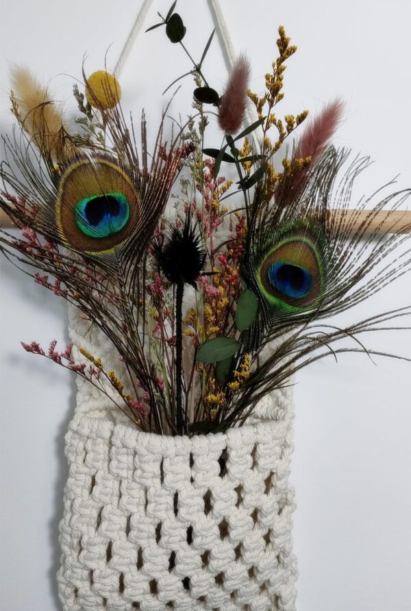 Boho Wall Hanging Dried Natural Flowers Decoration,  Mesh Bag Hanging Decor, Small Pampas Grass Preserved Eucalyptus  Bunny Tail for Office Bedroom
