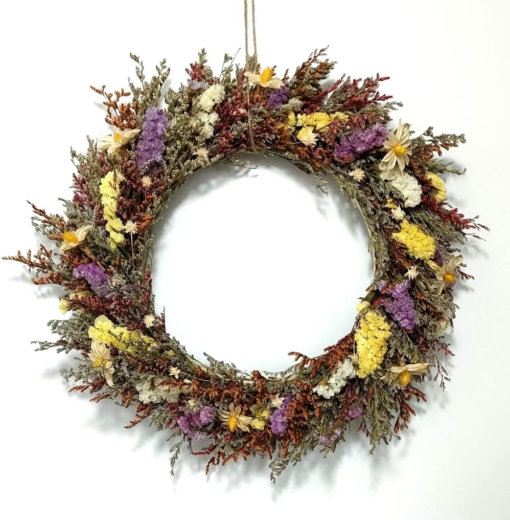 Rustic Nature Flower Big Wreath 17”,Wall Hanging Christams Decoration, Dried Natural Colorful Forget-me-not Flower, Preserved Caspia Grass, Welcome Dry Hanging Garland for Front Door Window Décor