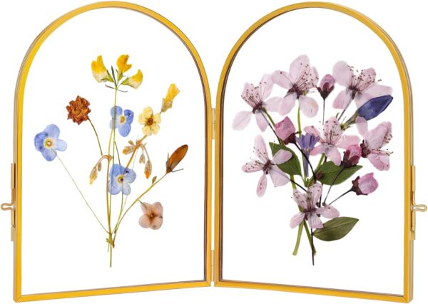 Double Glass Frame for Pressed Flowers Handmade, Pressed Flower Frame, Hinged Tabletop Brass Photo Frames, Dried Flower Display Folding Picture Frame for Home, ArcShaped, Gold, 4×6 Inches