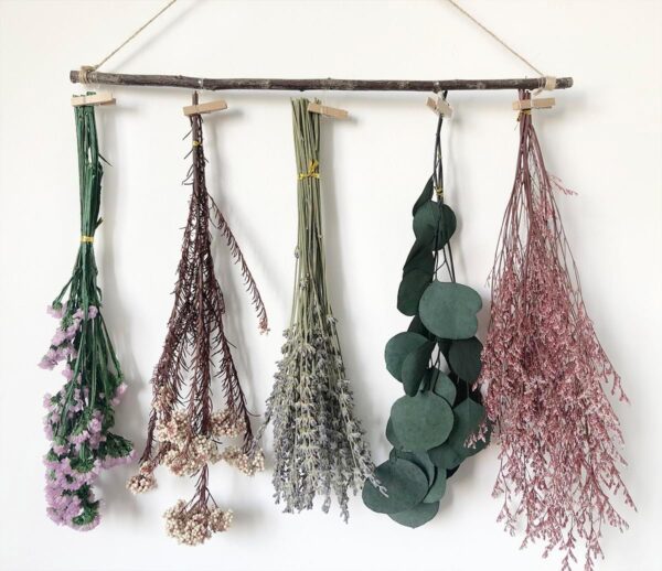 Natural Dried Flower Rack, Dried Flower Wall Hanging for Boho Farmhouse Wall Decor, Eucalyptus Dried Herb Rack, Greenery Hanging Plants for Kitchen, Bedroom, Living Room, Lavender