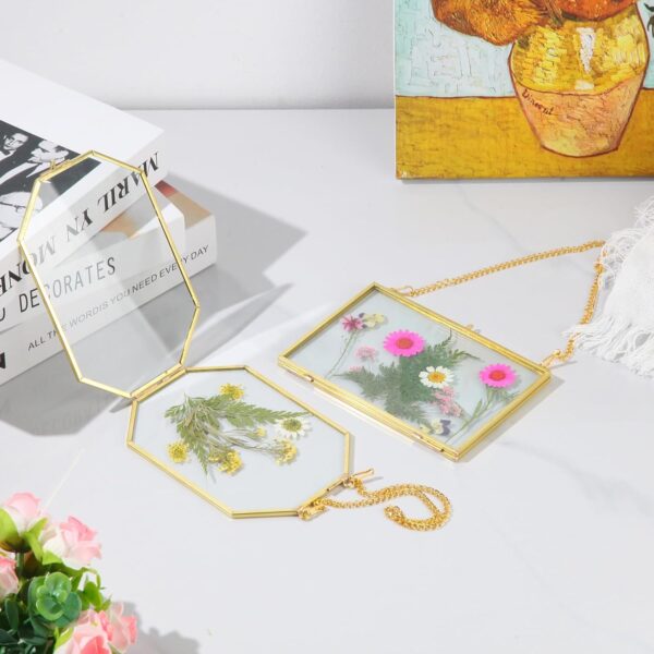 6 Pcs Pressed Flower Glass Picture Frames Wall Hanging Double Glass Frames Brass Floating Photo Frame Gold Horizontal Vertical Frames Clear with Chain for Gallery Artwork Dried Flowers Display - Image 2