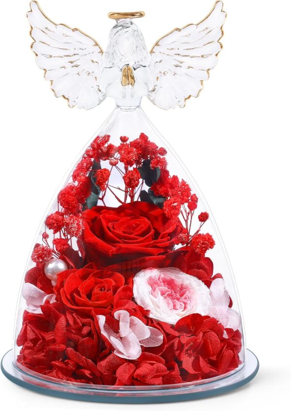 Gifts for Women Preserved Rose Forever Flower in Glass Angel Figurine Fresh Flowers for Delivery Mothers Day Birthday Gifts for Mom Grandma Wife Sister Red