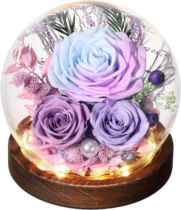 Gifts for Her Preserved Flower Rose in Glass Dome Gifts for Women Mom Wife on Birthday Chrismas,Home Decoration.Purple