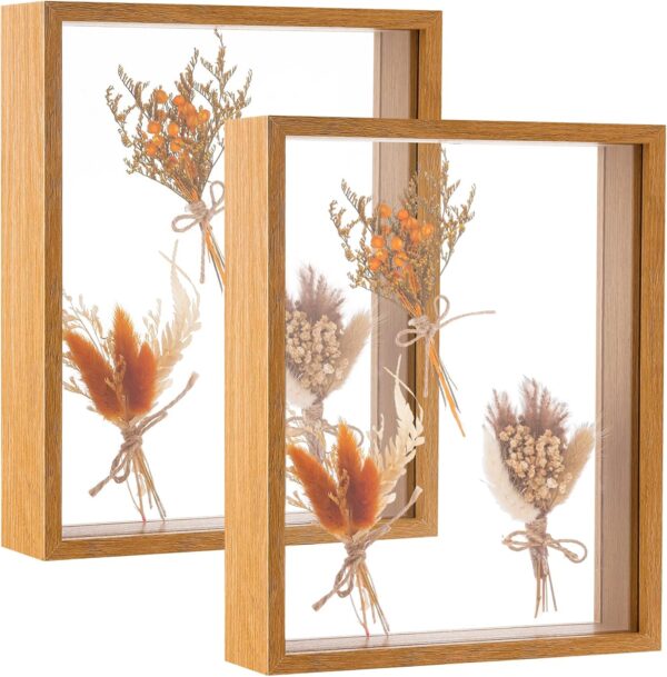 2 Pack 8 x 10in Wooden Dried Flower Frame Floating Wood Shadow Box Frame Double Acrylic Picture Frame for Dried Flower Plant Specimen DIY Artwork Display Frame for Tabletop Decor