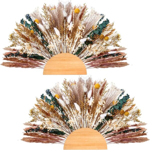 2 Set Boho Pampas Grass Wall Decor 140 Pcs Natural Pampas Grass and Preserved Flower Wreath with Wood Base Boho Home Decor Rustic Wall Hanging Decoration Dried Flower for Home Bedroom Wedding