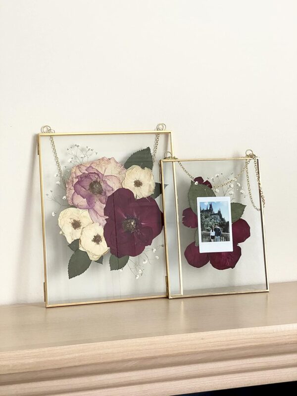 Double Glass Frame for Pressed Flowers, Leaf and Artwork - Set of 2 Hanging Picture Frames, Tempered Glass Floating Pressed Flower Frames, Large Rectangular Wall Decor Photo Display, Clear Metal Glass Frames with Chain (8x10, Gold) - Image 2