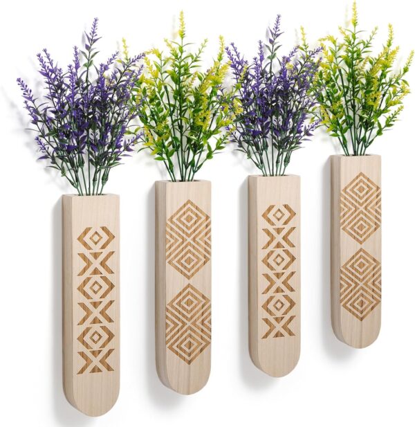 Wall Planter with Artificial Flowers, 4 Pack Hanging Planter, Wood Wall Decor for Living Room, Bathroom, Modern Farmhouse Decor, Boho Wood Vase with Faux Hanging Plant