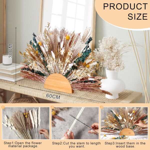 2 Set Boho Pampas Grass Wall Decor 140 Pcs Natural Pampas Grass and Preserved Flower Wreath with Wood Base Boho Home Decor Rustic Wall Hanging Decoration Dried Flower for Home Bedroom Wedding - Image 2