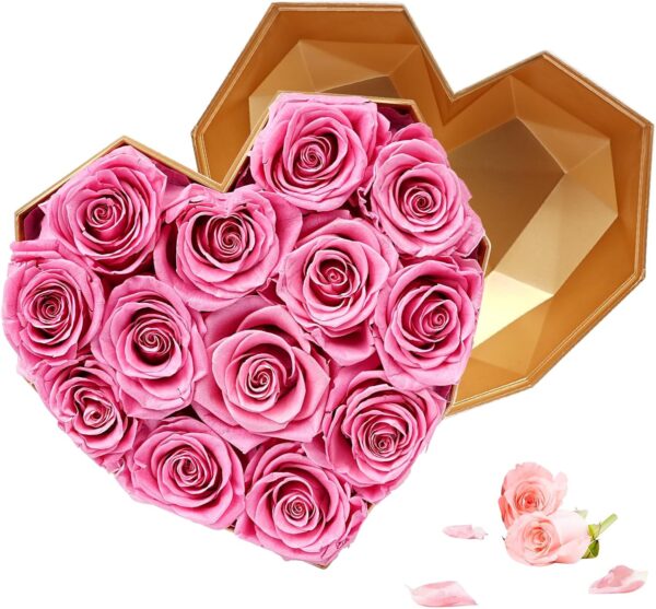 14 Piece Preserved Roses, Pink Forever Flower with Heart Shape Box Real Rose Eternal Flowers Gifts for Women Birthday Mother's Day Valentine's Day