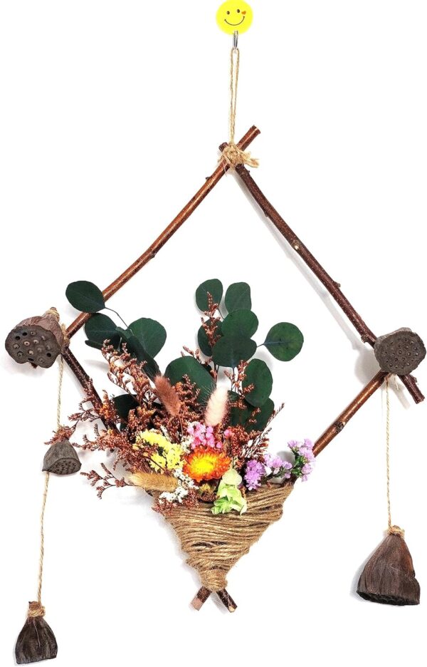 Dried Nature Flower Wood Bar Handicrafts, Square Wreath 12”, Wall Hanging Decoration, Preserved Hydrangeas Natural Grass Leaves, Baby Breath Flower, Home, Hotel, Cafe House Decor (Eucalyptus Leaves) - Image 2