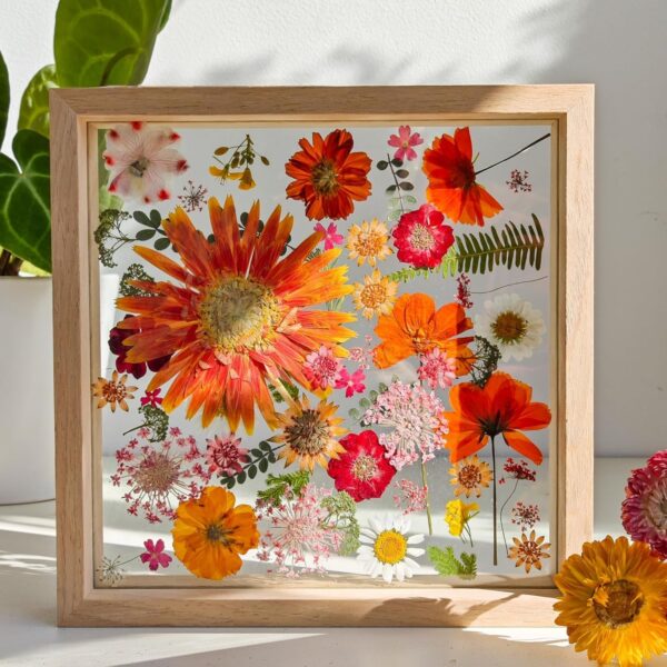 Pressed Flower Frame - 8.5x8.5 Inch Wood Shadow Box, Double Glass Floating Display & Botanical Art for Wall Decor, Tabletop Home Decor